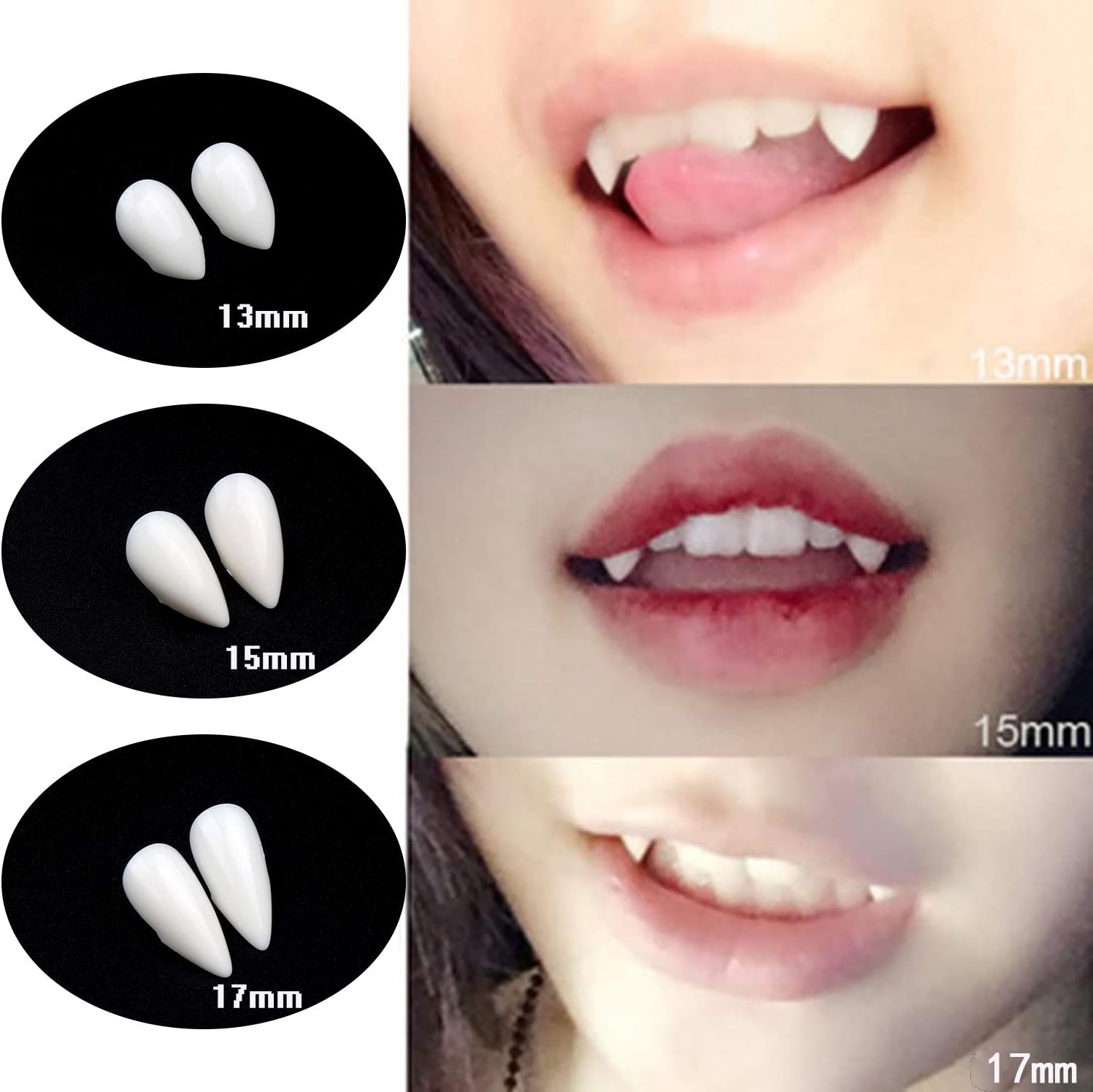 VEYLIN 3 Pair Vampire Teeth Fangs Cosplay Props Halloween Costume Props Party Favors (13mm 15mm 17mm), 13mm, 15mm, 17mm - Image 4