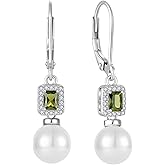 Inpasne Pearl Drop Earrings Dangling 925 Sterling Silver Emerald Cut Leverback Earrings Birthstone Jewelry for Women