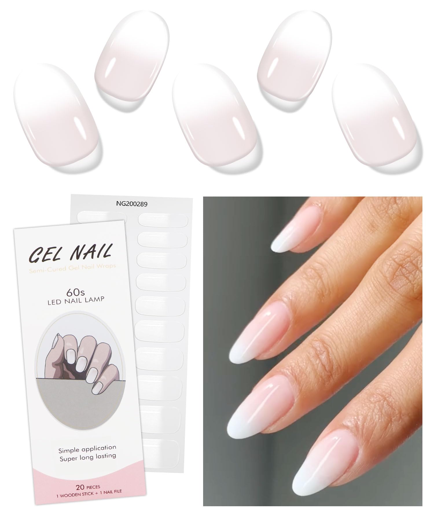 JMEOWIO Gel Nail Stickers White Transparent Semi Cured Gel Nail Strips Wraps UV/LED Nails Art Design Decoration Accessories