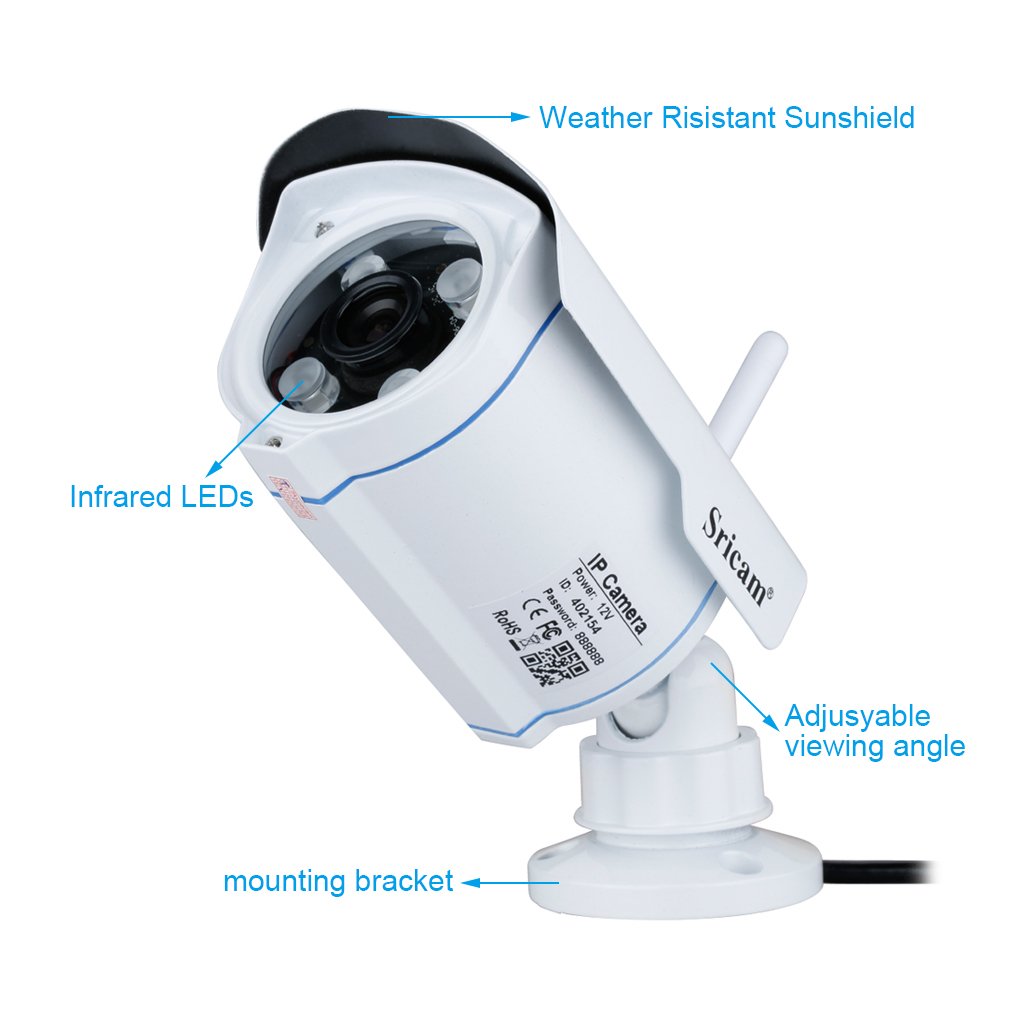 Sricam Wireless IP Camera 720P Outdoor Security Camera H.264 ONVIF IR-CUT with Automatic Night Vision Support IOS and Android System/Remote View/Motion Detection