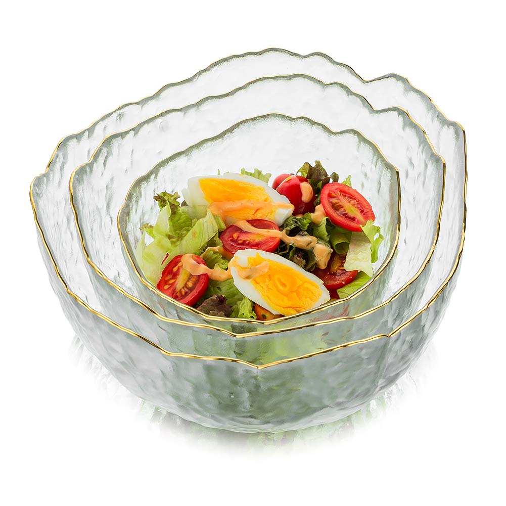 Glass Serving Bowls Set of 3 Clear Stackable Salad Bowls Deep Trifle Bowl for Soup Fruit Dessert Pasta Curry Popcorn Cereal Suit for Mixing Dining Party Catering