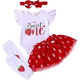 BOEBNOZCV Baby Girl Birthday Outfits Strawberry Sweet One Letter Print Romper Bodysuit+ Bowknot Tulle Skirts Dress Clothes