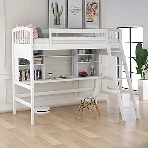 Cama loft para niños, cama loft de madera con riel de seguridad