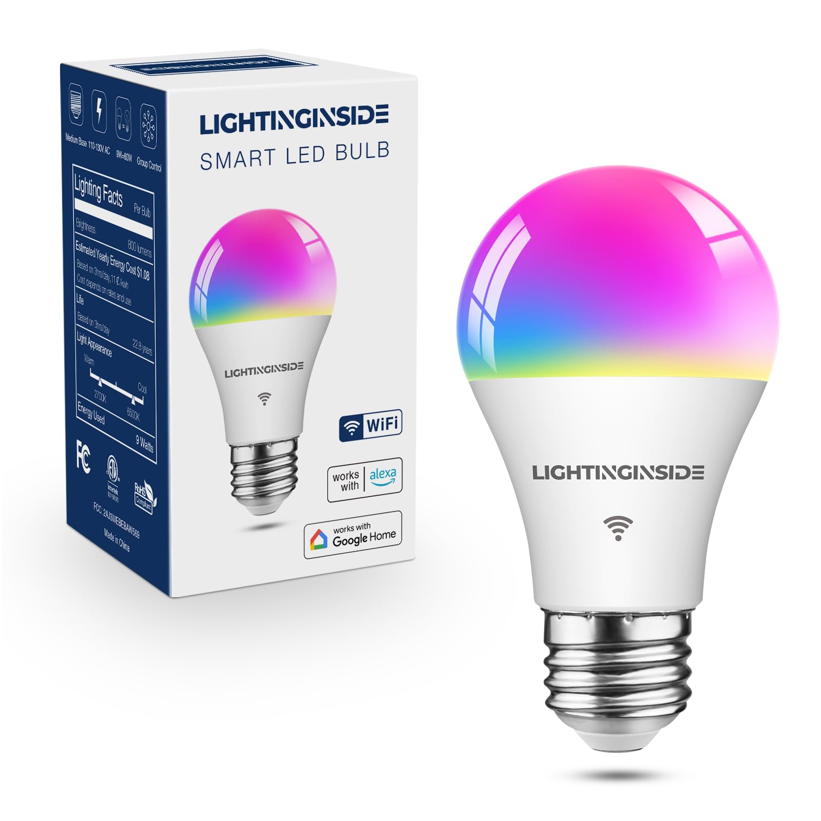 Photo 1 of Lightinginside Smart Light Bulbs 60W Equivalent, WiFi Smart Bulb Compatible with Alexa/Google Assistant/Smart Life, A19 E26 RGBCW Color Changing, No Hub Required,2.4G WiFi, ETL Listed, 9W 800LM, 1PC
