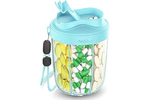 NAVIKIA Large Pill Dispenser to Store 7 Various Supplements - Pill Organizer & Supplement Organizer for Travel, Anti-Mixing Design, with Strap & 20 Sticky Labels (Blue)