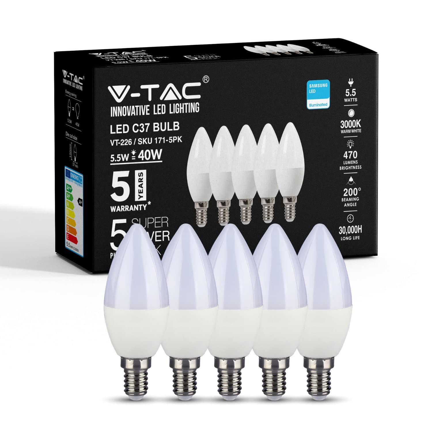 V-TAC E14 LED Candle Bulbs | 5.5W (Equivalent to 40W) Candle Light Bulbs | Edison Small Screw Light Bulb | Samsung Chip Non Dimmable E14 Candle Bulb | 3000K Warm White | Pack of 5