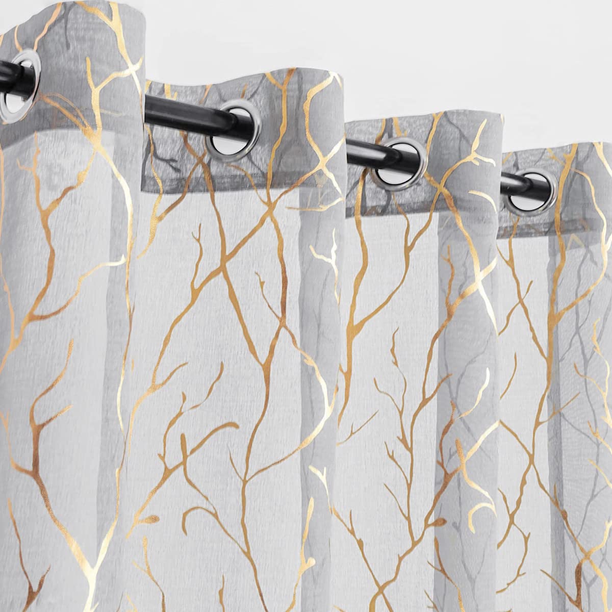 Kotile Tree Branch Sheer Curtains - Metallic Gold Foil Tree Branch Print Grey Sheer Curtains 63 Inch Length for Bedroom, Grommet Top Light Filtering Voile Drapes, 52 x 63 Inch, 2 Panels, Grey Gold