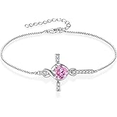 Lwsary Infinity Cross Bracelet 925 Sterling Silver Crucifix Christian Religious Bracelet Heart Birthstone Jewelry Gifts for Women