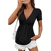 Acelitt Women's V Neck Short Sleeve Twist Front T Shirts,S-XXL