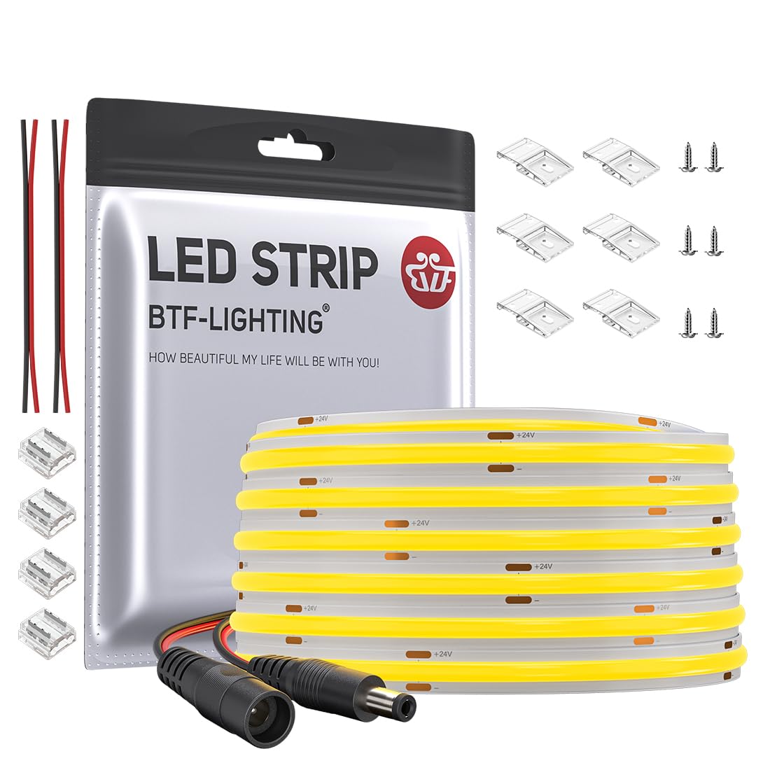 BTF-LIGHTING COB LED Strip Light 10M FCOB 336LEDs/M Flexible High Density Warm White 24V 8mm Width Dimmable Light Uniformity LED Tape for Bedroom Kitchen Home Interior Decoration(Only LED Strip)