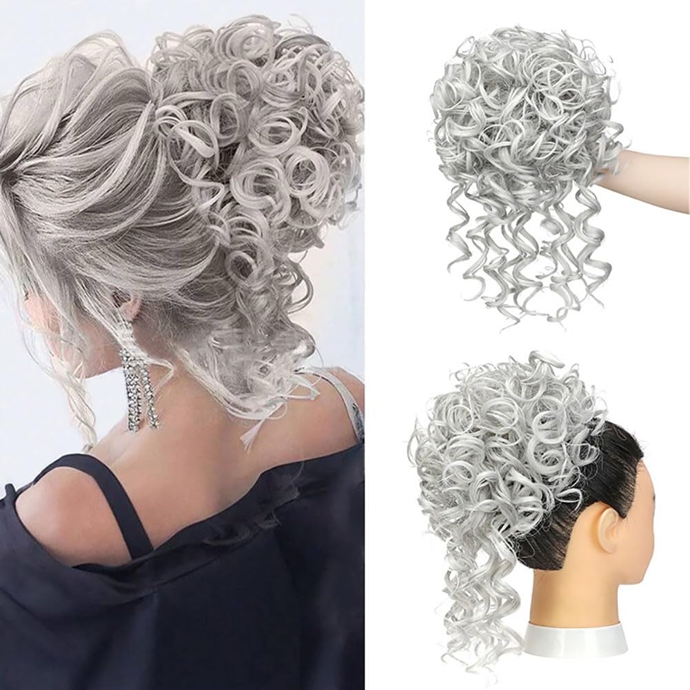 Elastic Drawstring Messy Fluffy Hair Bun Pieces With Long Tendrils Curly Updo Hair Shaper Holder Hairpiece Synthetic Chignon Scrunchie Ponytail Hair Extension for Women Daily Use(Grey)