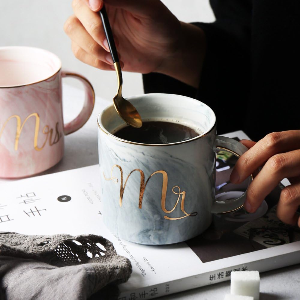 Ceramic Coffee Tea Mug - Mr and Mrs Mugs Set - 400 ml Marble Mugs Engagement Bridal Shower and Wedding Gifts Anniversary Coffee Cups for Engaged Married Couples by BANFANG (grey Mr + pink Mrs)