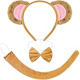 3-Piece Monkey Ears and Tail Costume Accessory Set – Includes Brown Plush Monkey Ears Headband, Bow Tie, and Tail for Halloween, Jungle-Themed Parties, Cosplay, School Plays, Animal Dress-Up Events