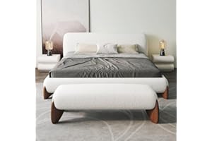 homary Curva Modern White Boucle King Size Platform Bed Set & Bedroom Bench with Solid Rubber Wood Legs, Upholstered Headboard, Comfortable & Stylish for Master Suite or Guest Room