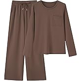 DERAX Women's 2 Piece Comfy Lounge Sets Crewneck Long Sleeve Tops Wide Leg Pants Tracksuit Sets Vacation Travel Outfits