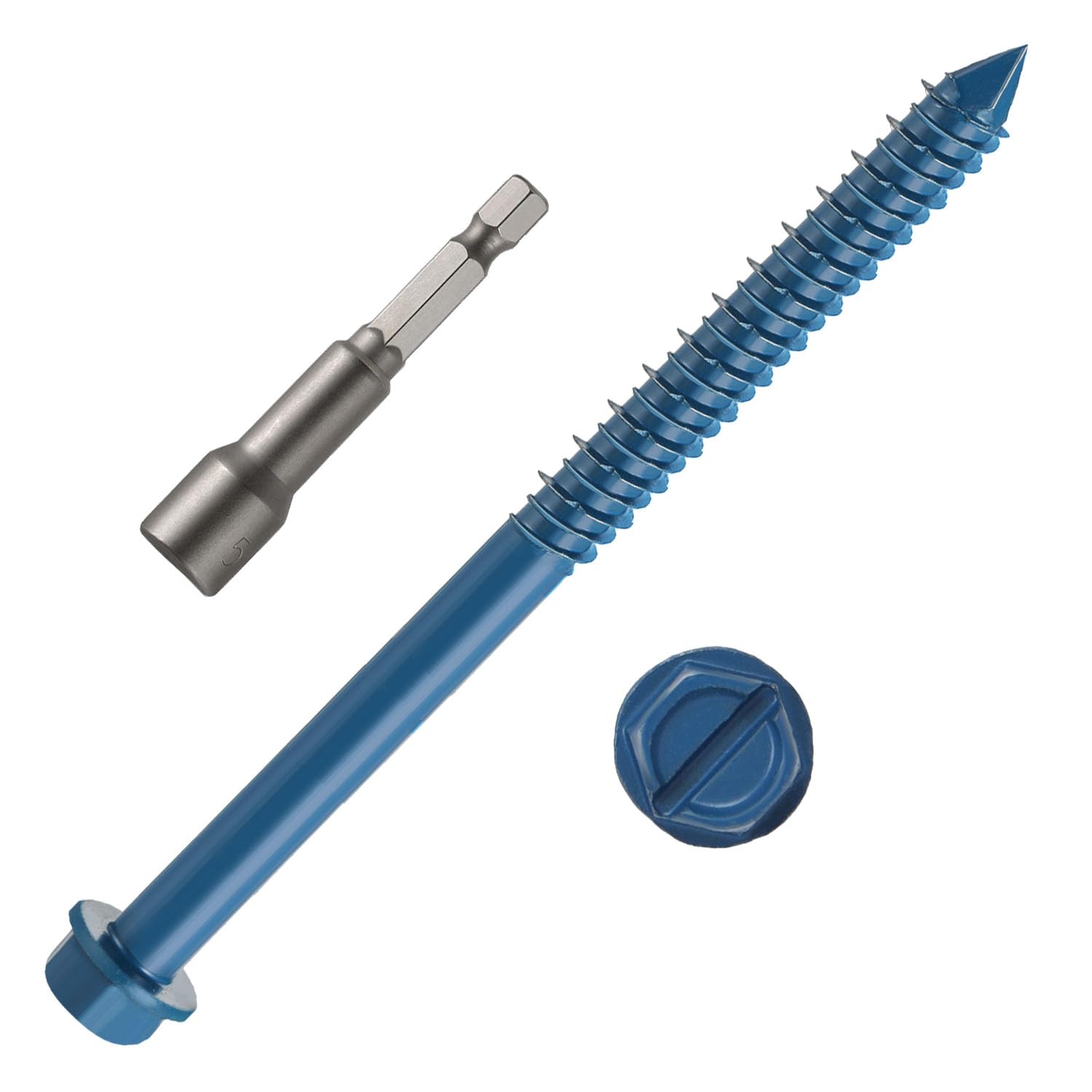 Photo 1 of 1/4" x 6" Concrete Screws, 50 PCS Blue Hex Washer Head Concrete Screws Anchor Kit with Hex Bit Socket, for Masonry, Cement, Block, Brick or Stucco