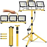 21000 Lumen LED Work Light with Stand -3 Head Portable Work Light 6500 Kelvin Color IP66 Waterproof Tripod Worklights for Job Site Workshop Garage Construction Site Lighting (3-Head)