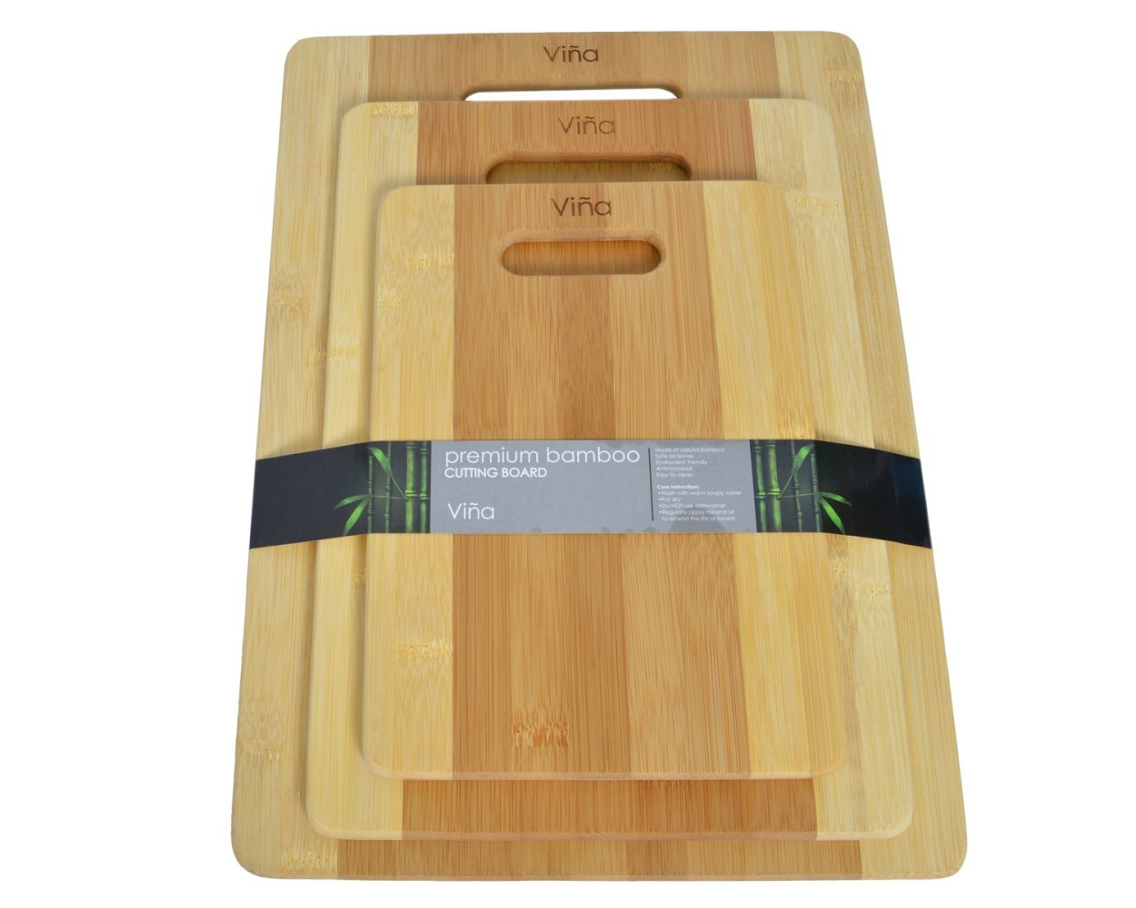 Vina 3 Piece Bamboo Cutting Boards Set - Chopping Board with Handle for Meat Veggie Prep, Serve Bread Crackers Cheese Butter, Cocktail Bar Board - Large, Medium and Small Size