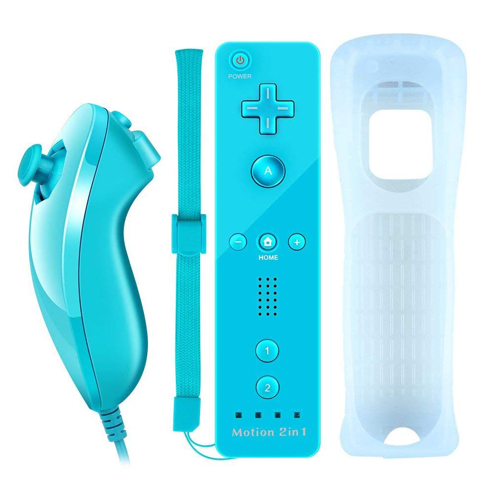 YingStar 2 in 1 Remote Controller Built in Motion Plus and Nunchuck Controller With Silicone Case and Wrist Strap for Wii and Wii U - Light Blue (Third-party product)