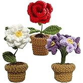 JOONOR 3PCS Mini Crochet Rose Potted Plant,Knitted Fake gardenias Lavender for Bathroom Home Kitchen Rustic Table Centerpiece Shelf Decor