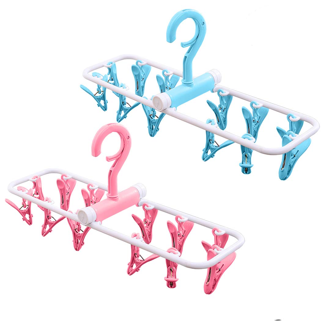 CREATIEES 2 Pack Folding Portable Travel Clip, Drip Drying Hanger Rack with 12 Clips for Clothes Socks Underwear - Windproof & Space Saving (Candy Blue + Candy Pink)