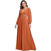 Ever-Pretty Women's V Neck Long Sleeves Floor Length Ruched Chiffon A-Line Formal Evening Dress Mother of Bride Dresses 00461
