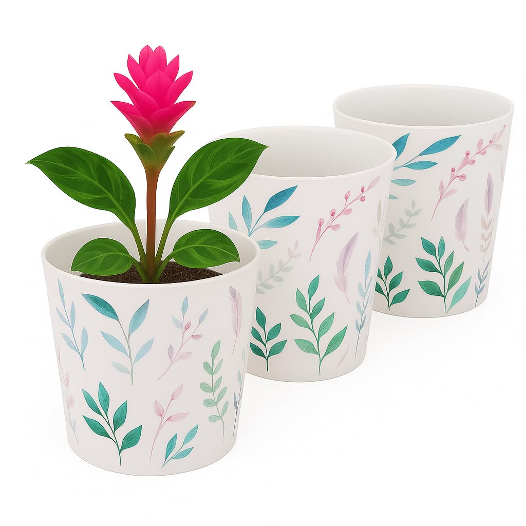 Home Garden Ornaments Indoor Plant Pot – Decorative Flower Pots with Inner Cone, Floral & Tropical Design Orchid Planters for Home Décor (13 cm / 5.1 inch – Small Feathers)