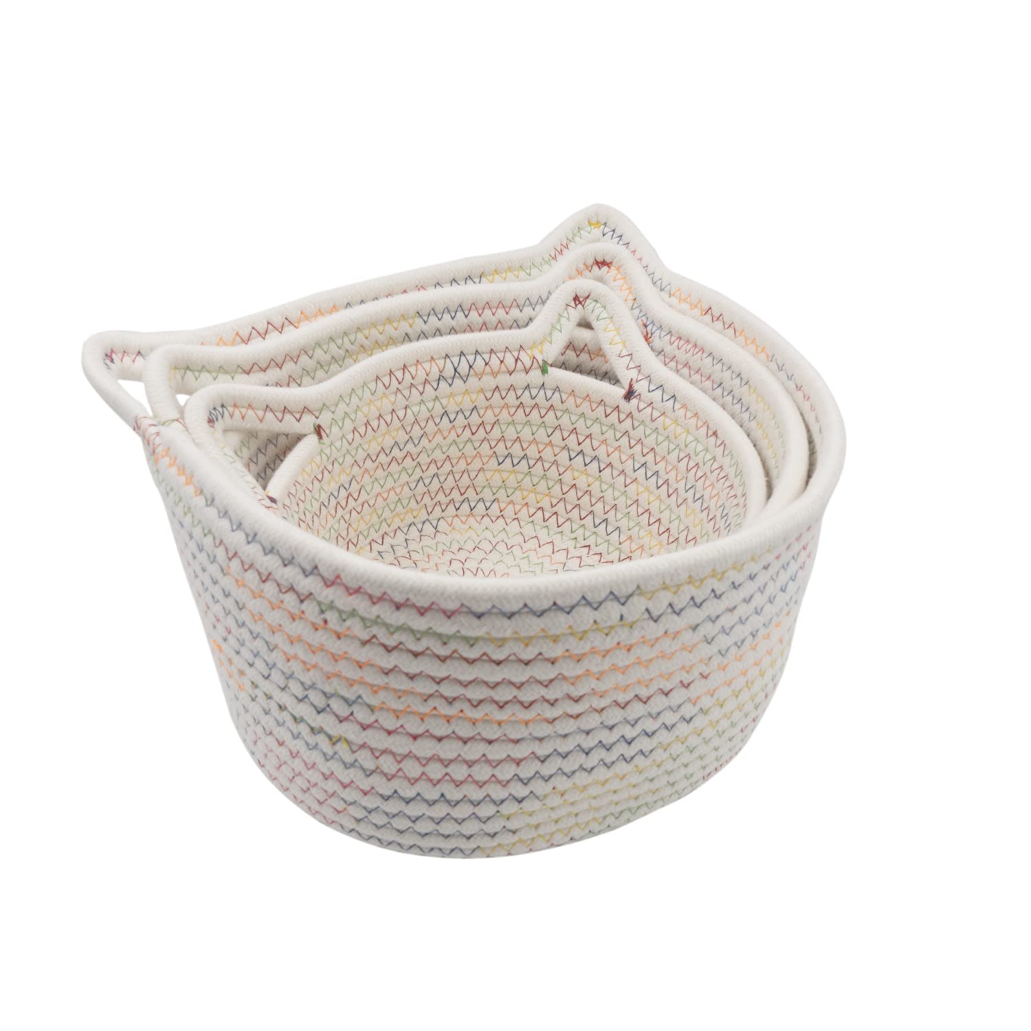 Anzirose Natural Cotton Rope Storage Baskets Multi-sized 3 pieces set Cat Ear Shape Nursery Storage Baskets for Home Decor Closet Desktop Kids Room Nursery Cosmetic Storage White (White)