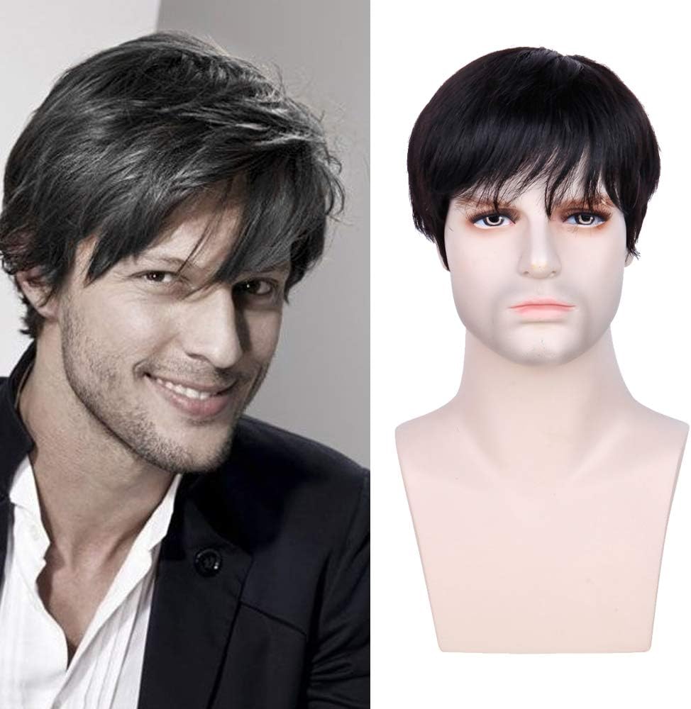 Queentas Short Mens Wig Human Hair with Bangs Straight Halloween Costume Wigs for Male Men (Natural Black #1B)