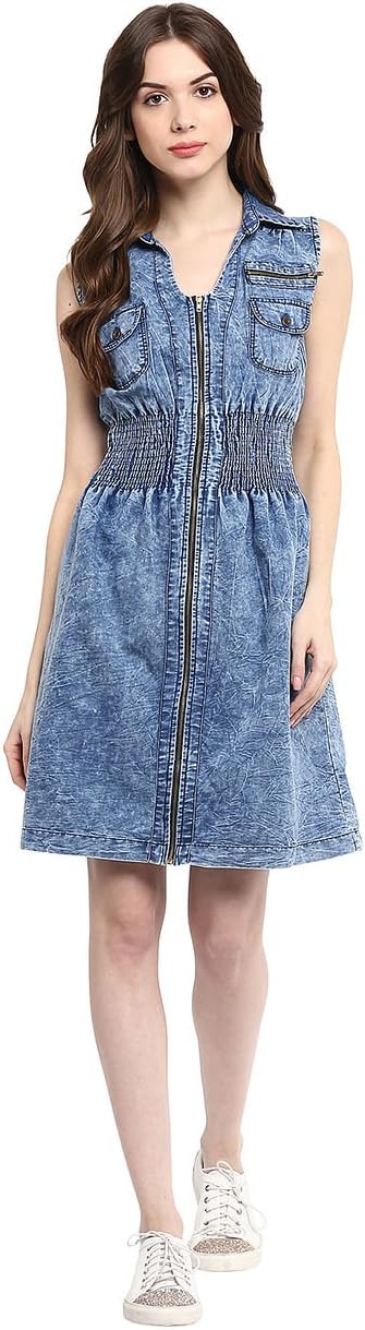 (3187WashZipDress)-Women's Zip Dress with Washed Effect