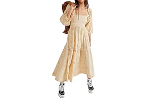 Chloefairy Women's Flower Embroidered Maxi Dress Lantern Sleeve Square Neck Tiered Flowy Spring Fall Dress