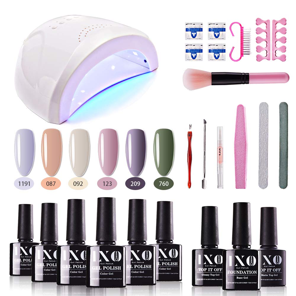 IXO Gel Nail Polish Starter Kit Classic Soak Off Gel Polish Set with 48W UV/LED Nail Lamp No Wipe Base and Glossy/Matte Top Coat Gel Polish Kit Salon Nail Art Designs Manicure Tools Essentials Kit : Beauty