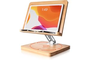 360° Rotating Book Stand for Reading, wishacc Bamboo Cookbook Holder, Adjustable Height & Angle, Aluminum Alloy, Foldable & P