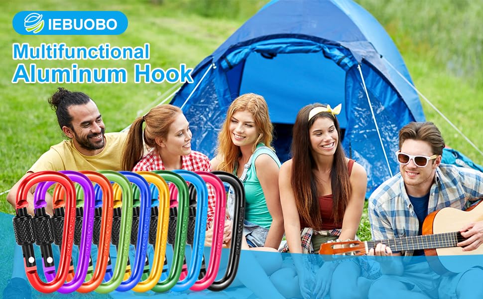 IEBUOBO 10 Pack Aluminum D Ring Key Rings Hiking Clips Locking Carabiner for Hiking Camping Fishing and Outdoor Use，Clips with Screw Gate Multicolored