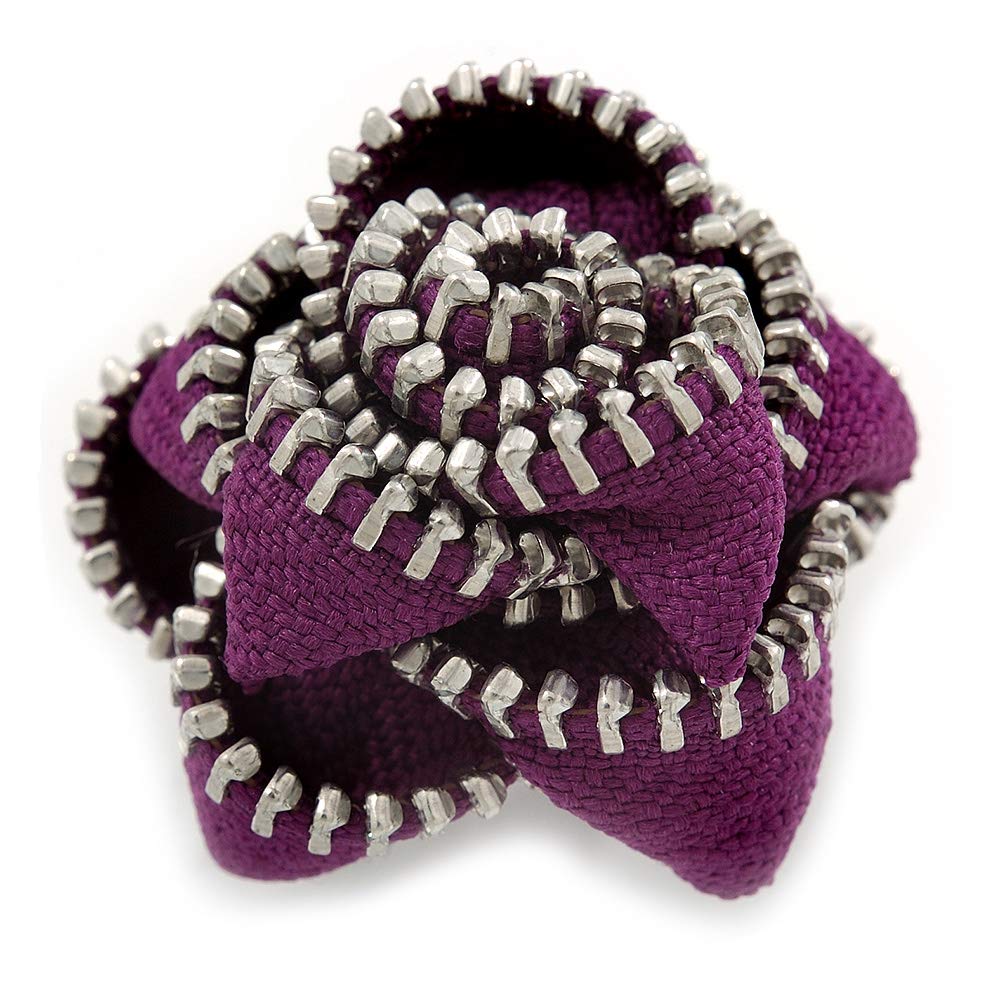Avalaya Large Purple Zipper Fabric Rose Ring With Silver Tone Wire Band - 45mm Diameter - 7/8 Adjustable