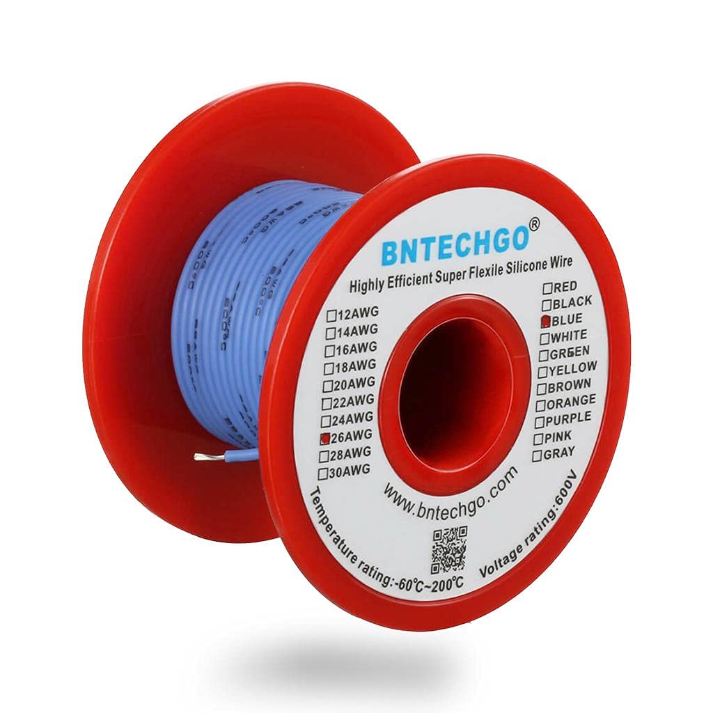 BNTECHGO 26 Gauge Silicone Wire Spool Blue 100 ft Ultra Flexible High Temp 200 deg C 600V 26 AWG Silicone Rubber Wire 30 Strands of Tinned Copper Wire Stranded Wire for Model Low Impedance
