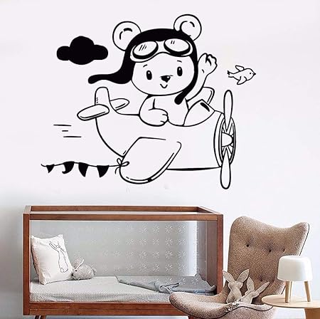 Zqyjhkou Vinyle Petit Ours Sticker Mural Pepiniere Art Decoration Ours Amovible Assis Avion Papier Peint Enfants Chambre Murale 42x34cm Amazon Fr Cuisine Maison