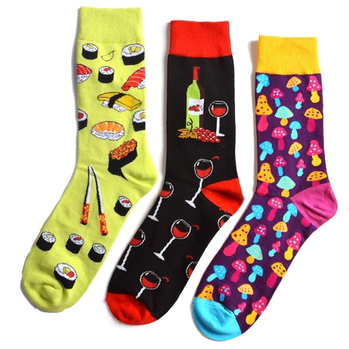 Oottati Skateboard Socken Herren - 3 Paare - Gemustert Und Bunt - Eu 40-47  Gelber Sushi-Schwarzwein-Purpur-Pilz