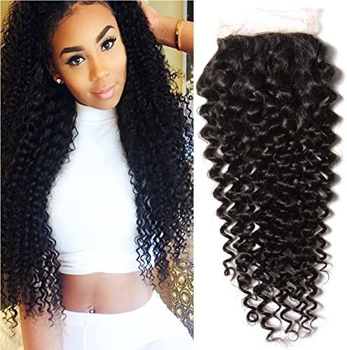 Longqi Hair Brazilian Curly Lace Closure 1PC 100% Unprocessed Human Hair Extensions Natural Color (18 inch free part closure)