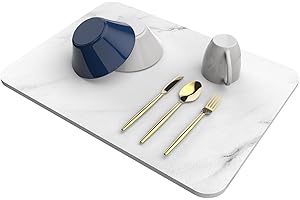 HOMEPEKITE Stone Dish Drying Mat for Kitchen Counter, Heat Resistant, Fast Dry, Super Absorbent Dish Drying Mat, Eco-Friendly Diatomaceous Earth Mat with Non-Slip Pad(16x12 Inch Light White Marble)