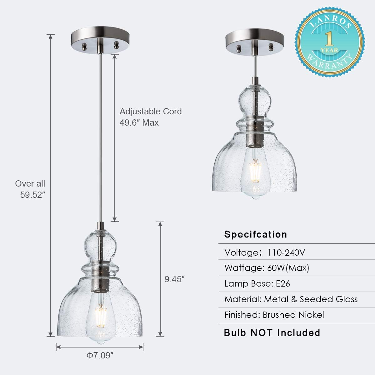 LANROS Industrial Pendant Lighting with Handblown Clear Seeded Glass Shade, Adjustable Cord Farmhouse Lamp Ceiling Pendant Light Fixture for Kitchen Island Kitchen Sink, Brished Nickle, 1 Pack - - 