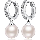 Jiamiaoi 18k White Gold Plated Pearl Earrings, 925 Sterling Silver Pearl Drop Earrings for Women Leverback Jewelry