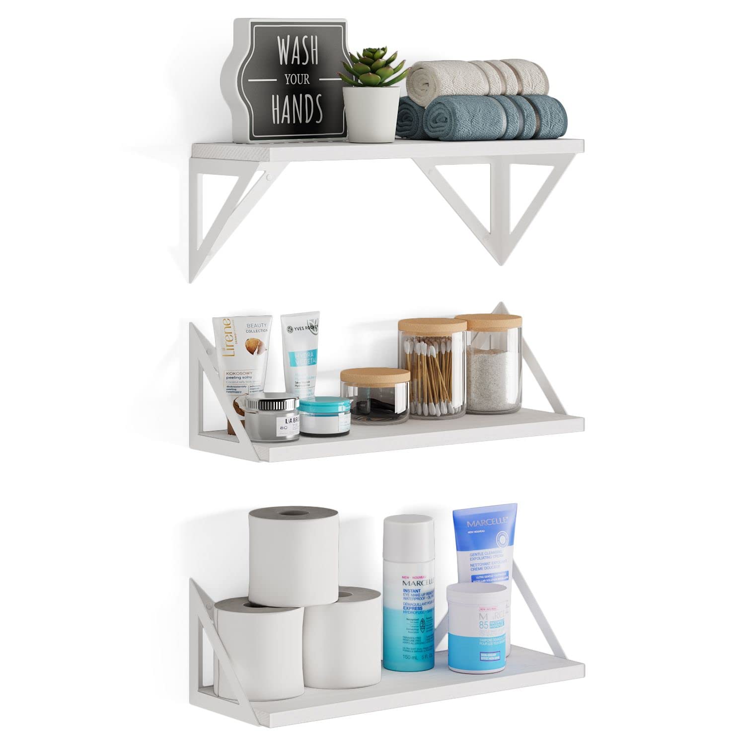 View 1 of **MISSING 1**Wallniture Minori Washed White Floating Shelves for Wall Storage, Bathroom Shelves Over The Toilet Storage, Wood Wall Shelf Set of 3 with White Brackets