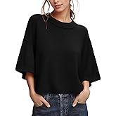 ZDC Women's Oversized Sweaters Summer 3/4 Sleeve Casual Cropped Tops Lightweight Loose Fit Knit Pullover