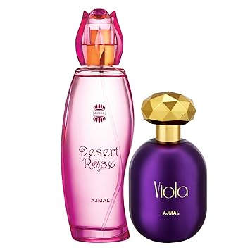 Ajmal Desert Rose EDP Floral Oriental Perfume 100ml for Women and Viola EDP Fruity Floral Perfume 75ml for Women + 2 Parfum Testers FREE