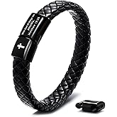 FEEL STYLE Mens Bible Verse Leather Bracelet - Lava Rock Bead Cross Bracelet for Men - Healing Balancing Braided Leather Wristband - Religious Christian Graduation Gift Jewelry for Men