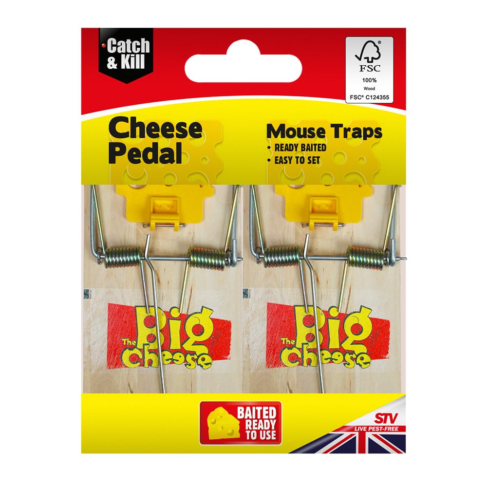 The Big Cheese Pedal FSC Mouse Trap - Twinpack, Cheese Scented and Ready-To-Use, Kills Mice with Spring Mechanism, Dual Settings, Wooden, Indoor and Outdoor Use