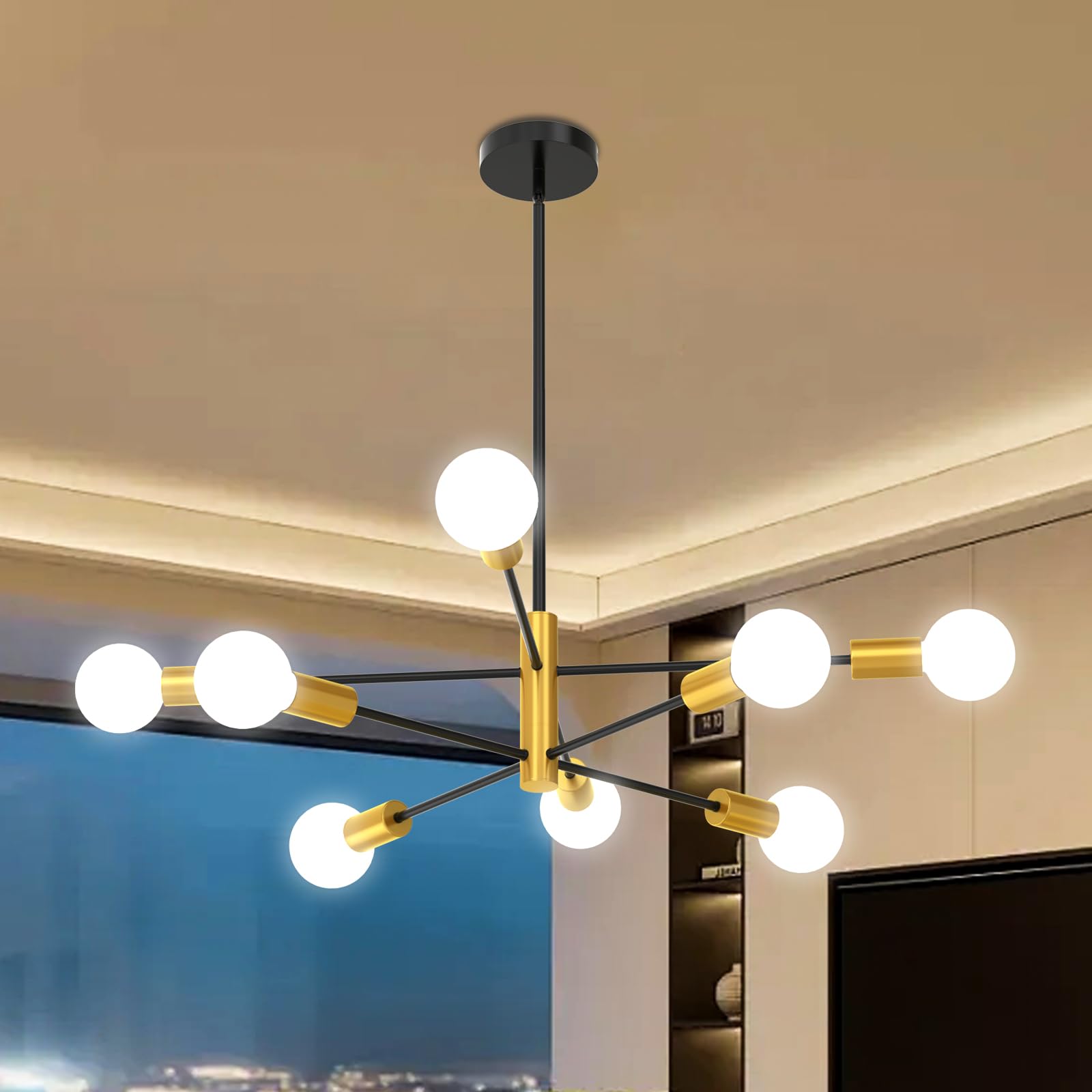 Photo 1 of ANYTOP Sputnik Ceiling Light Fixture Chandelier, 8-Light Dining Room Light Over Table Height Adjustable Mid Century Hanging Light Fixture E26 Pendant for Bedroom Kitchen Livingroom 53InchH Gold+Black