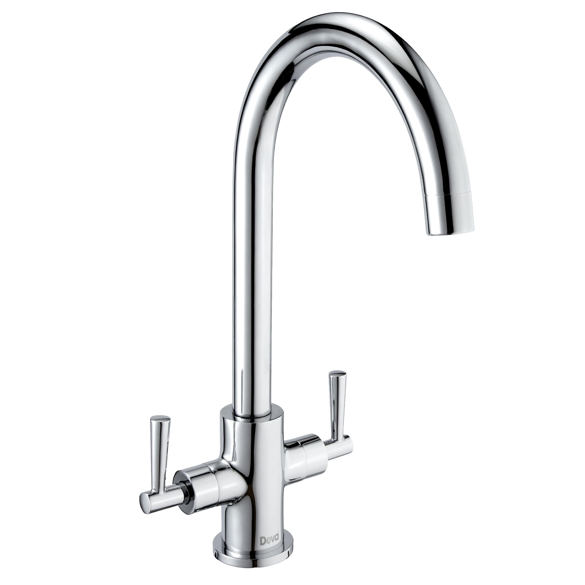 Deva NTN104 Twin Lever Kitchen Sink Mixer Tap with Chrome Finish Swivel Spout - Deck Mount Large Easy Flow Hot & Cold Dual Silver Handles - for Dual Single Basin - 12 Year Warranty