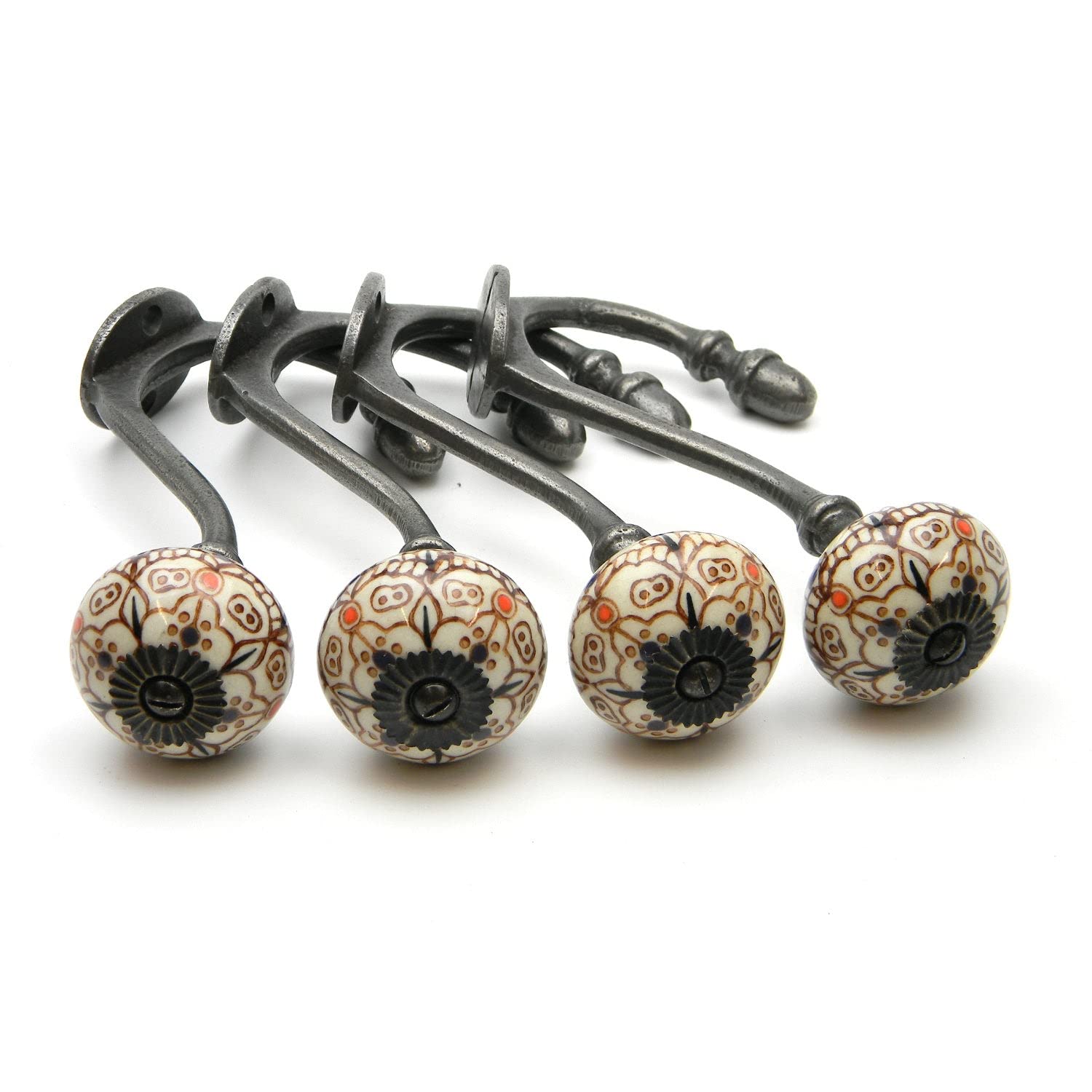 Oakcrafts Pack of 4 - Hand Finished Shabby Chic Cast Iron Coat Hooks Ceramic Tips (Patterned)